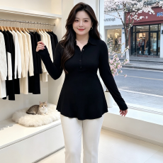 批发大码胖mm翻领长袖T恤女2026春秋新款收腰显瘦高级感百搭打底上衣