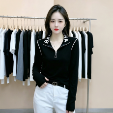 批发胖mm黑色立领半拉链长袖T恤女<b class='q'>春</b>秋季大码时髦减龄百搭打底衫上衣