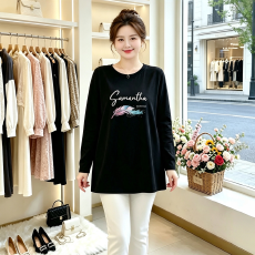 批发胖mm<b class='q'>春</b>秋新款圆领印花长袖t恤女大码宽松遮肚显瘦中长款百搭上衣