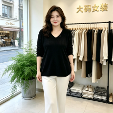 批发2026胖mm<b class='q'>春</b>秋季新款V领T恤女长袖大码宽松休闲百搭时尚打底衫上衣