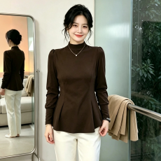 批发大码女装简约内搭设计感半高领T恤女<b class='q'>春</b>秋冬胖mm显瘦灯笼袖打底衫