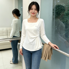 批发<b class='q'>春</b>秋季新款收腰气质设计百搭长袖T恤女大码宽松遮肉显瘦减龄上衣