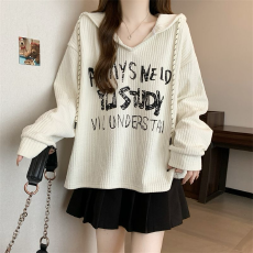 批发大码胖mm连帽长袖T恤女装春秋<b class='q'>冬</b>新款独特别致设计感显瘦外穿上衣