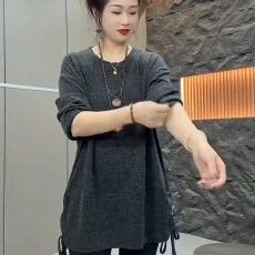 批发休闲慵懒风圆领长袖抽绳大衫大码上衣女秋<b class='q'>冬</b>宽松显瘦中长款遮肉