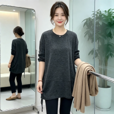 批发秋<b class='q'>冬</b>韩版抽绳系带圆领长袖T恤纯色宽松时尚休闲百搭网红显瘦上衣