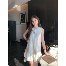 批发夏天家 天丝醋酸混纺 法式荷叶边系带宽松遮肉无袖<b class='q'>娃娃衫</b><b class='q'>连衣裙</b>女