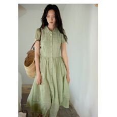 批发solighter 法式苎麻娃娃领衬衫<b class='q'>连衣裙</b>夏季新款泡泡袖显瘦收腰长裙