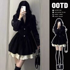 批发小香风黑色<b class='q'>长袖</b>西装连衣裙子秋季高级感收腰小个子法式公主蓬蓬裙