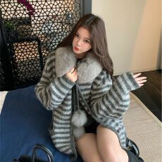 批发<b class='q'>条纹</b>毛衣<b class='q'>开衫</b>毛茸茸连帽外套女2025年秋冬新款宽松百搭针织衫上衣