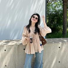 批发金苏一 长袖系带<b class='q'>衬衫女</b>2025秋季<b class='q'>韩版</b>收腰气质打底衫chic纯色上衣