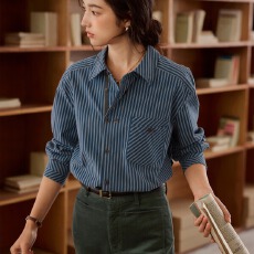 批发solighter 法式复古条纹长袖衬衫女秋季2025新款宽松磨毛衬衣上衣