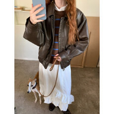 批发一方二集 “休斯顿”复古洗水蝙蝠袖小酷机车棕咖绗棉皮衣夹克