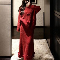 批发2026年冬季跨年氛围感穿搭红色蝴蝶结套头毛衣半身裙减龄两件套装
