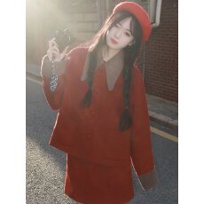 批发新年穿搭套装大红色毛呢<b class='q'>西装</b>外套秋冬女辣妹包臀裙今年流行两件套