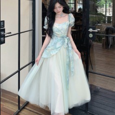 批发茶歇法式甜美清新多巴胺高级感晕染<b class='q'>印花</b>拼接网纱收腰假两件<b class='q'>连衣裙</b>