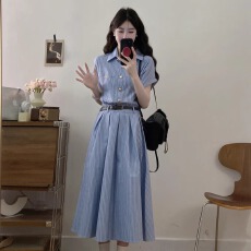 批发韩系学院风蓝色短袖衬衫连衣裙女夏季气质<b class='q'>高级</b>收腰长裙