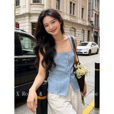批发X Rose 名媛轻奢高级感蓝色<b class='q'>西服</b>马甲背心小众露肩方领纽扣上衣<b class='q'>女</b>