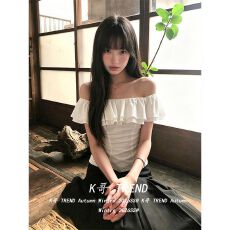 批发白色一字肩短款<b class='q'>衬衫</b>女夏季荷叶边露肩<b class='q'>衬衣</b>小衫修身显瘦设计感<b class='q'>上衣</b>