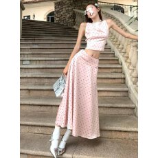 批发粉色波点吊带上衣今年流行两件套别致甜辣裙子套装夏装搭配一整套