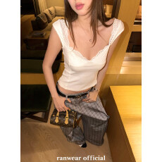 批发Ranwear'人间梦露'法式重工拼蕾丝低胸V领明线修身显身材短袖<b class='q'>上衣</b>
