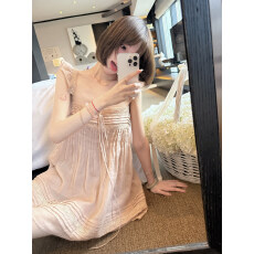 批发WearKeki●无尽夏 苎麻塔克线小飞袖<b class='q'>连衣裙</b>女定染蕾丝拼接娃娃裙