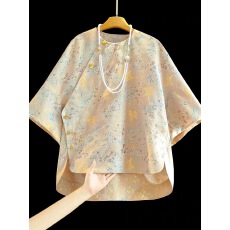 批发复古圆领人丝提花中式衬衫<b class='q'>女</b>夏季新款五分袖花萝宽松上衣