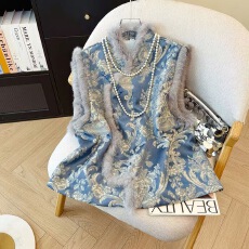 批发新中式蓝色斜襟马甲兔毛真毛拼接夹棉加厚<b class='q'>背心</b>外穿国风无袖上衣冬