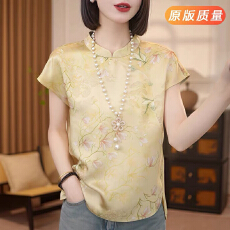 批发新中式女装上衣夏季丝绸衬衣<b class='q'>真丝</b>桑蚕丝小衫改良<b class='q'>旗袍</b>国风短袖衬衫