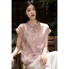 批发笑涵阁の『花契子桑蚕丝柯根纱剪花<b class='q'>真丝</b>衬衫女国风<b class='q'>旗袍</b>领上衣26夏