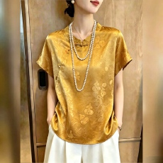 批发新中式国风浮光锦立领短袖衬衫女<b class='q'>夏</b>季高贵优雅<b class='q'>妈妈装</b>轻薄复古上衣