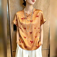 批发高档妈妈<b class='q'>夏</b>装浮光锦提花衬衣小衫中年女士洋气新中式国风短袖上衣