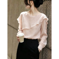 批发法式甜美风荷叶边长袖衬衫女早秋款大码<b class='q'>胖</b>MM<b class='q'>显瘦</b>气质减龄小衫上衣