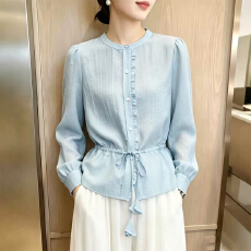 批发浅蓝色木耳边长袖衬衫女装2026秋季<b class='q'>新款</b>收腰抽绳上衣别致通勤衬衣