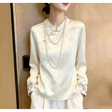 批发新中式立领斜襟盘扣上衣女复古暗纹提花<b class='q'>长袖</b>衬衫袖口刺绣国风<b class='q'>小衫</b>