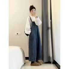 批发早春穿搭一整套2026超火时尚减龄<b class='q'>白</b>色衬衫牛仔背带<b class='q'>裤子</b>两件套装女