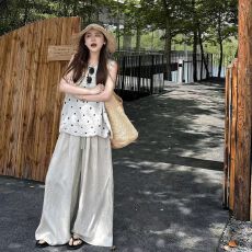 批发2026夏季新款韩系穿搭宽松圆领无袖波点上衣百搭高腰显瘦阔腿长<b class='q'>裤</b>