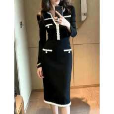 批发出席重要场合的裙子轻熟法式高级感气质<b class='q'>职业</b>小香风黑色长袖<b class='q'>连衣裙</b>