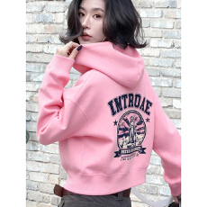 批发粉色复古印花连帽加绒卫衣独特漂亮美式复古慵懒气质<b class='q'>休闲</b>减龄上衣