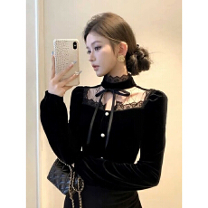 批发小资上衣法式气质御姐<b class='q'>轻熟</b>风收腰打底衫女士蕾丝拼接黑色丝绒衬衫