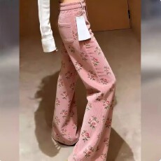 批发韩系粉色碎花灯芯绒阔腿裤子女2026新款春季独特漂亮窄版直筒长裤