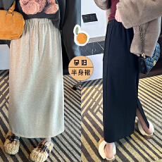 批发现 秋<b class='q'>冬</b>新款无托腹高腰开叉孕妇半身裙软糯羊绒显瘦加绒直筒长裙