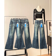 批发SUNONEONE 水洗蓝色猫须纹低腰微喇<b class='q'>牛仔裤</b>女秋冬修身显瘦<b class='q'>休闲</b>裤子