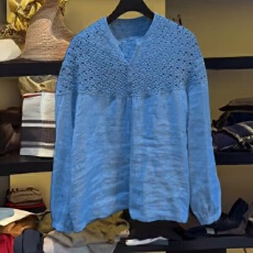 2025春秋新品宽松衬衫上衣女设计感米色镂空拼接长袖亚麻衬衫女