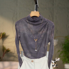 批发2025新款洋气高贵半高领打底衫时尚百搭网纱长袖修身显瘦T恤