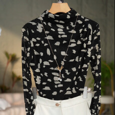 批发2025新款洋气高贵半高领打底衫时尚百搭网纱长袖修身显瘦T恤