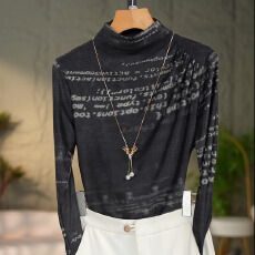 批发2025新款洋气高贵半高领打底衫时尚百搭网纱长袖修身显瘦T恤