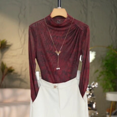 批发2025新款洋气高贵半高领打底衫时尚百搭网纱长袖修身显瘦T恤