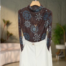 批发2025新款洋气高贵半高领打底衫时尚百搭网纱长袖修身显瘦T恤