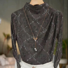 批发2025新款洋气高贵半高领打底衫时尚百搭网纱长袖修身显瘦T恤