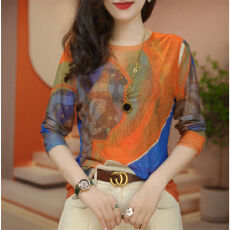 批发2025新款洋气高贵半高领打底衫时尚百搭网纱长袖修身显瘦T恤